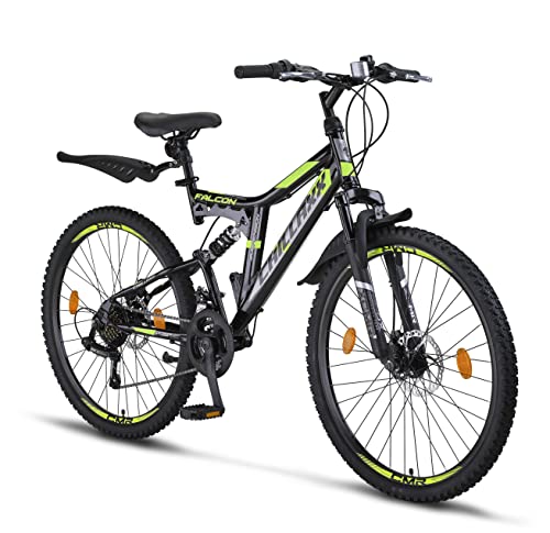 Chillaxx Vélo de Montagne Falcon de qualité supérieure de 24 et 26 Pouces - Vélo pour garçons, Filles, Femmes et Hommes - Frein à Disque - dérailleur à 21 Vitesses - Suspension complète