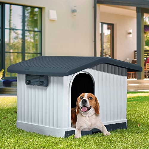 YITAHOME Grande Niche pour Chien en Plastique, pour Intérieur et Extérieur, Abri pour Chiots Imperméable et Facile à Assembler avec Une Cage Robuste, Aérations et Plancher Surélevé, Gris