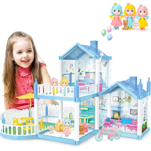 deAO Maison de poupée, Ensemble de Jouets, Villa Bleue Maison de poupées avec 3 Chambres, 2 étages, Balcon en Plein air, 3 Figurines de poupées,17 pièces d'accessoires, Cadeau pour Les Enfants Filles