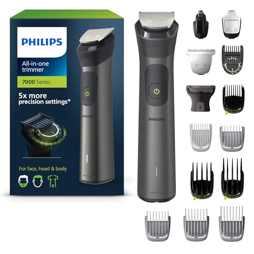 Philips Multigroom Series 7000 - Tondeuse tout-en-un équipée de 15 sabots pour le visage, la tête et le corps, et 26 hauteurs de coupe (de 0,5 à 20 mm) pour une précision ultime (modèle MG7950/15)