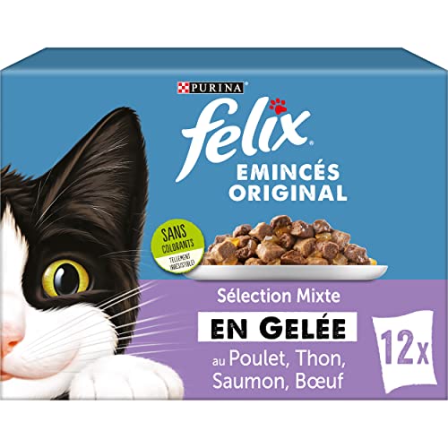 FELIX Émincés en Gelée | Chat Adulte | Sélection de Bœuf, Saumon, Poulet, Thon| Lot de 12 x 85 g | Sachet fraicheur