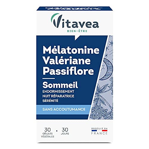 VITAVEA BIEN-ETRE - Mélatonine Valériane Passiflore - Complément Alimentaire Sommeil Adulte - Endormissement Rapide, Nuit Réparatrice - Sans accoutumance - 30 gélules - Cure de 1 mois