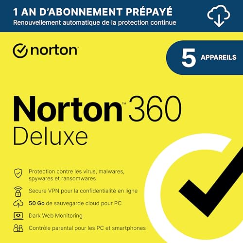 Norton™ 360 Deluxe 2024 |5 Appareils | 1 An d'Abonnement | Secure VPN - Password Manager - Dark web monitoring| PC/Mac/iOS/Android - Téléchargement