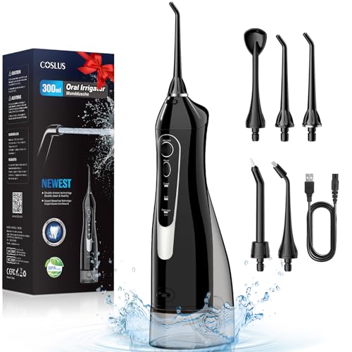 COSLUS Jet Dentaire Hydropulseur Portable 300 ML Sans Fil Irrigateur Dentaire Rechargeable Hydropulseur Dentaire Double Débit d'eau Water Oral Flosser Étanche IPX7 Pour La Maison et Les Voyages Noir