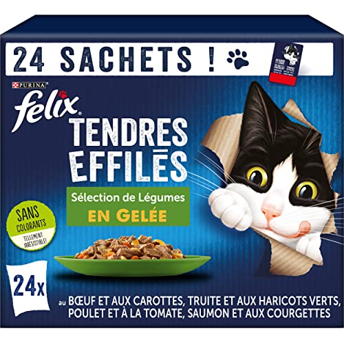 FELIX Tendres Effilés en Gelée | Chat Adulte | Sélection de Boeuf, Saumon, Poulet et Truite avec Légumes | Lot de 24 x 85 g | Sachet fraicheur