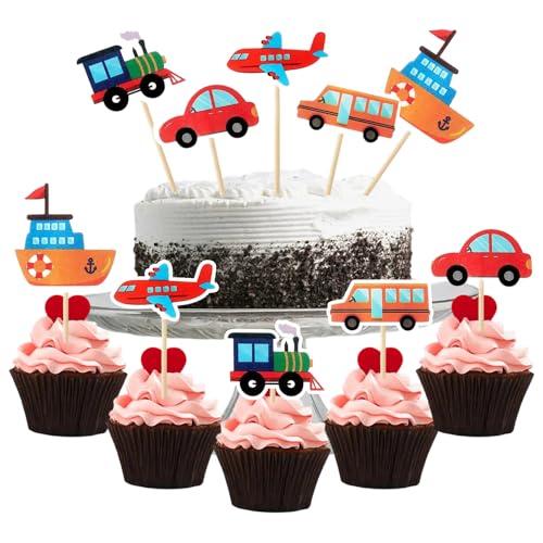 Lot de 30 décorations de gâteau de transport pour cupcakes, bus, train, avion, bateau, pour enfants, filles, garçons, voiture, bus, bateau, avion, fête d'anniversaire