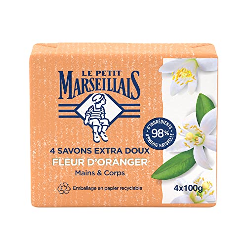 Le Petit Marseillais Savon Extra Doux Fleur d'Oranger (4 pains de 100 g) – Savon solide mains & corps avec 98 % d'ingrédients d'origine naturelle – Emballage en papier recyclable