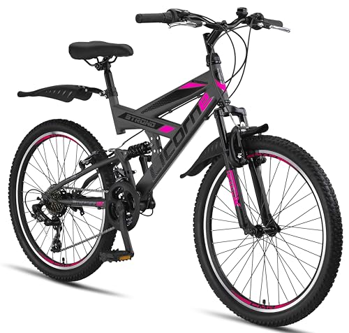 Licorne Bike Vélo VTT 26" Premium - Vélo pour garçons, filles, femmes et hommes - Dérailleur Shimano 21 vitesses - Suspension complète - Vélo robuste, Garçon, Anthracite/rose., 24 pouces