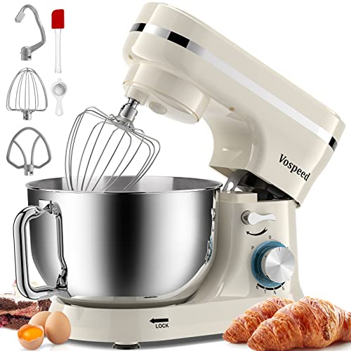 Robot Pâtissier Multifonctions, Vospeed Robot de Cuisine 1000W 5QT avec Fouet, Crochet Pétrisseur, Fouet à Gâteau, bol en acier Inoxydable, Pare-Éclaboussures (Blanc)