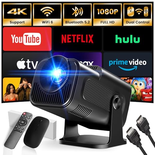 [App intégrée] 2024 Upgraded Vidéoprojecteur 1920 * 1080P FHD 4K Mini Projecteur Portable Dual Contrôle avec Souris Android TV WiFi 6 BT5.2 270° Rotation HDMI/TV Stick/USB/PS5, avec HDMI et Souris