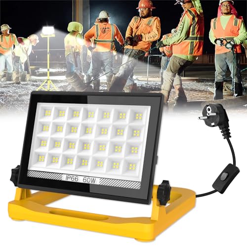 Projecteur LED Chantier, T-SUN 60W 6000K Lampe de Chantier Puissant, Étanche IP66 Lampe de Travail LED Portable, 3Modes Projecteur LED avec Prise et Câble de 4M pour Construction Garage Atelier