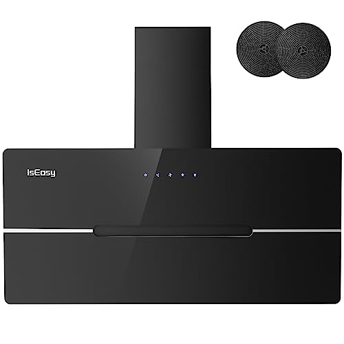 IsEasy Hotte Aspirante 90cm, Hotte de Cuisine Inclinées Noir, Classe A++, 524 m³/h, Evacuation ou Recyclage, 3 Vitesses, Eclairage à LED, 2 Filtres à Charbon