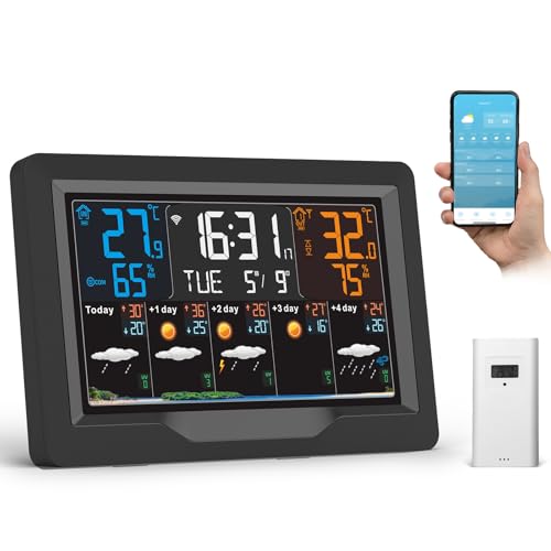 jely Station Météo Intérieur Extérieur Sans Fil - Connectée WIFI avec Prévisions 5 Jours, Écran 4 Luminosités Réglables, Capteur Temps Thermomètre Hygromètre, 3 Réveils