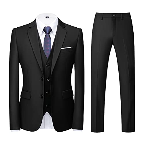 KUDORO Costume Homme 3 pièces Mariage Business Slim Fit Smoking Simple Poitrine à Deux Boutons, Men Suits 3 Piece Noir pour Fête Confort Blazer Veste et Pantalon Gilet (Noir,XL)