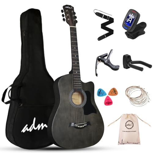ADM Guitare acoustique 38 pouces pour débutant, guitare folk bleue pour enfants, étudiants, adultes (corde en acier) noire