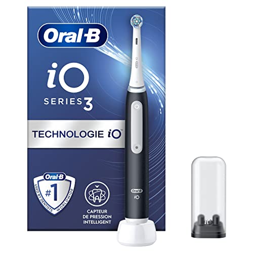 Oral-B iO 3 Brosse A Dents Electrique Noire, Pour Adultes, Modes De Nettoyage Avec Blancheur, Doux Pour Les Gencives, Capteur De Pression, Brossette Oral B De Rechange, Chargeur, Porte-Brossettes