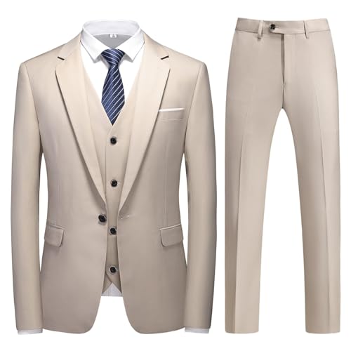 KUDMOL Costume Homme 3 pièces Mariage d'affaires Slim Fit Smoking à Un Bouton Men Suits 3 Piece pour Fête Confort Blazer Veste et Pantalon Gilet(Champagne,3XL)