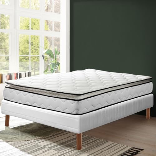 SAMPUR Pack Matelas César + Sommier Tapissier | Matelas avec Surmatelas Intégré | Mémoire de Forme et Mousse Haute Résilience | Sommier Confort Lattes Larges (140x190 cm)