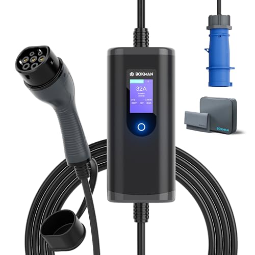 bokman Borne de Recharge Voiture Electrique 7kW, 6-32A | 7,4kW | 5 Mètre Type 2- Prise CEE P17 Portable EV Chargeur Station de Charge Mobile/Wallbox Ajustable