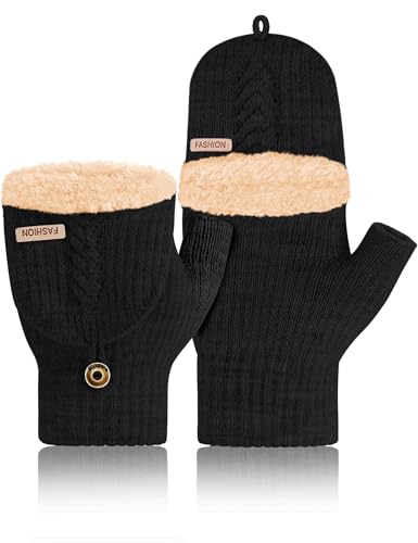MELLIEX Gants Sans Doigts à Rabat, Flip Top Mitaine Thermiques à Demi-Doigts, Mitaine Tricotés Epais, Gants Moufles doux pour Femmes et Hommes, Noir