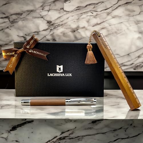 LACHIEVA LUX Superbe stylo roller en noyer avec règle/marque-page, cadeau de luxe pour femme et homme