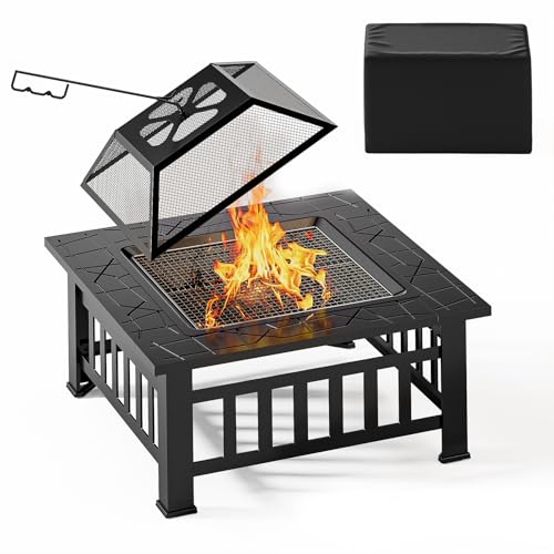Xbro Brasero Exterieur pour Jardin Terrasses avec Pare-étincelles,3 en 1 Multifonctionnelle Brasero,Brasero Exterieur Barbecue avec Grille, avec Housse de Protection Imperméable,Noir,81 x 81 x 35 cm