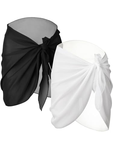 2 Pièces Wrap de Plage de Femmes Sarong Couverture de Bikini Jupes Wrap pour Maillot de Bain en Mousseline (Noir et Blanc, Court)