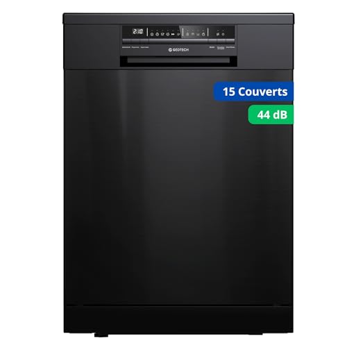 GEDTECH Lave-vaisselle GLV1544BL 15cv - Tiroir à couverts – 44 dB – Très silencieux - Départ Différé - Eco - Intensif - Rapide – Faible conso - Classe C - Noir - Protection enfant