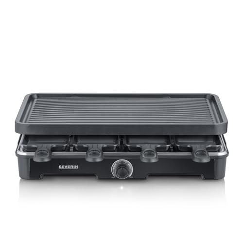 SEVERIN Appareil à raclette pour 8 personnes, Plaque de cuisson avec surface de cuisson rainurée 41,7 x 26,3 cm antiadhésive, Gril raclette 1 400 W, Noir, RG 9670