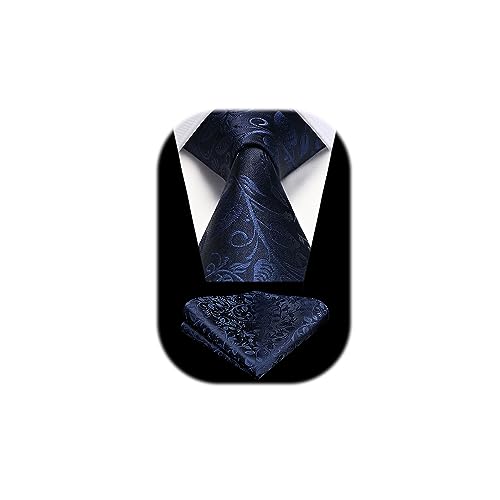 HISDERN Cravate Bleu marine Paisley pour homme Cravate de fête mariage et ensemble de carré poche pour affaires formelles
