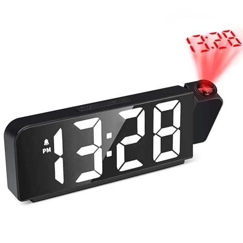 Probuk Reveil Projecteur Plafond, Reveil Projecteur 180°, Réveil Projection avec Température, 4 Niveaux de Luminosité Réglable Horloge NuméRique LED, Charge USB, pour Chambre, Bureau