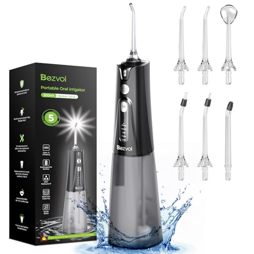 Bezvoi Hydropulseur Dentaire Jet: Irrigateur buccal avec 5 modes, réservoir d'eau de 300 ml, nettoyeur de dents électrique étanche IPX7, avec 6 embouts pour gencives appareils dentaires orthodonti