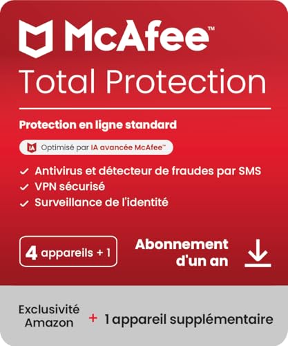 McAfee Total Protection 4 + 1 appareil 2025 |12 mois |VPN sécurisé, logiciel de sécurité avec antivirus, gestionnaire de mots de passe et surveillance de l'identité | Téléchargement