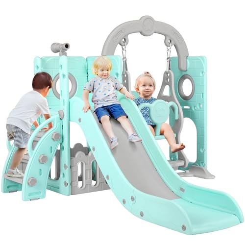 Toboggan et Balançoire, Toboggan Enfant avec Balançoire, 5 en 1 Toboggan Bebe avec Balançoire,Télescope, Espace de Rangement, Escaliers, Aire de Jeux Intérieure et Extérieure, Vert Gris