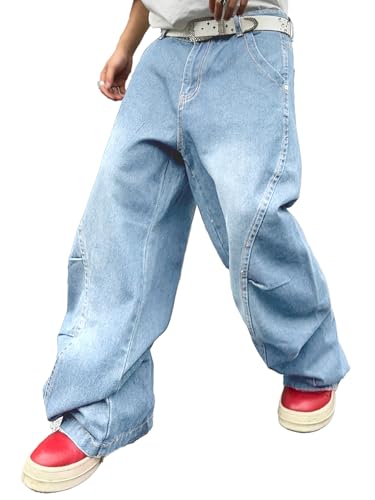 Zewool Jeans Baggy pour Homme avec Coutures Irrégulières – Pantalons en Denim Large Y2K Hip Hop Mode Casual Streetwear Coupe Lâche Jambe Droite Fit Relaxé Sport Skater Skateboard,D10 Bleu Clair,XS