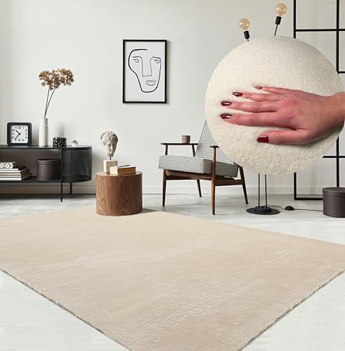 the carpet Relax Tapis Moelleux à Poils Courts, Dessous antidérapant, Lavable à 30 degrés, Super Doux, Aspect Fourrure, Beige, 160 x 220 cm
