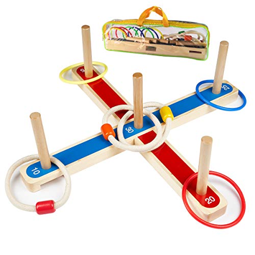 Ulifeme Jeux Exterieur pour Enfant et Adulte, 5 Pièces Lancer des Anneaux en Bois + 8 Pièces Anneaux de en Plastique, Deux Formes Jouant Ensemble Quoits de Jardin, Sac Emballé
