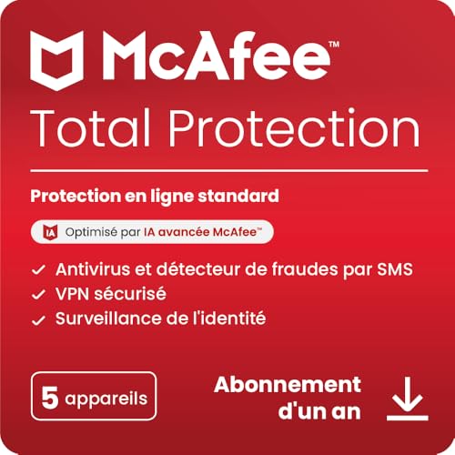 McAfee Total Protection 5 appareils 2025 |12 mois |VPN sécurisé, logiciel de sécurité avec antivirus, gestionnaire de mots de passe et surveillance de l'identité | Téléchargement