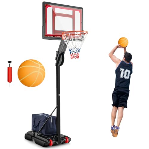 COSTWAY Panier de Basketball sur Pieds Hauteur Réglable de 1,55 à 3,1 m, Support de Basketball Portable avec Panneau Arrière en Pet Basket-Ball et Pompe, Intérieure Extérieure pour Enfants/Jaunes