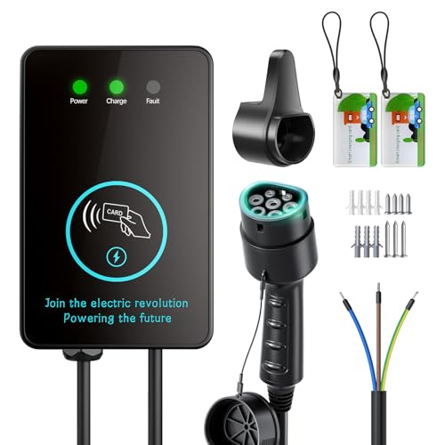Evjuicion Borne de Recharge Véhicules Électrique 7kW, Monophasé 32A Rapide Station de Recharge pour Voiture Electrique avec Cartes RFID, Indicateur LED, Wallbox avec 5M Câble de Type 2, IEC 62196-2