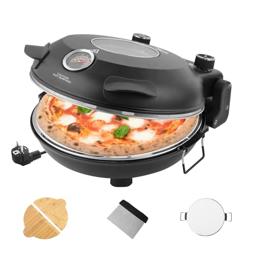 YIBAKE Four à Pizza Électrique, Cuit une Pizza en 4 minutes, Plaque en Pierre Réfractaire de 31cm, Max 420°C Four a Pizza, 1200W, Pelle à Pizza, Grattoir et Recettes inclus, Noir