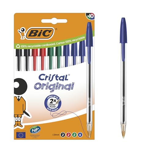 BIC Cristal Original Stylos-Bille Pointe Moyenne (1,0 mm) - Parfait pour l'Ecole et au Bureau - Couleurs d’Encre Assorties, Boîte carton de 10