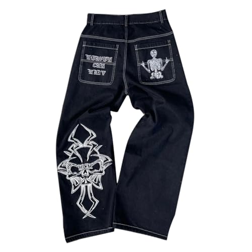ORANDESIGNE Jeans Y2K Homme Taille Basse Printed Pants Pantalon Unisexe Pantalon Cargo Décontracté Imprimé Hippie Streetwear A Blanc XS