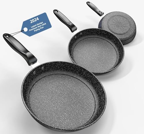 Kiseely Lot de 3 poêles 26/28/30cm, revêtement anti-adhésif en céramique sans PFAS avec de vraies particules de pierre, passe au lave-vaisselle (TR3)