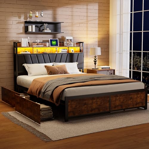 Lit double en métal 180x200 cm, avec éclairage LED et charge USB, 4 tiroirs et tête de lit, Lit capitonné avec sommier à lattes et cadre de lit en métal, pour adultes et adolescents (180 x 200 cm)