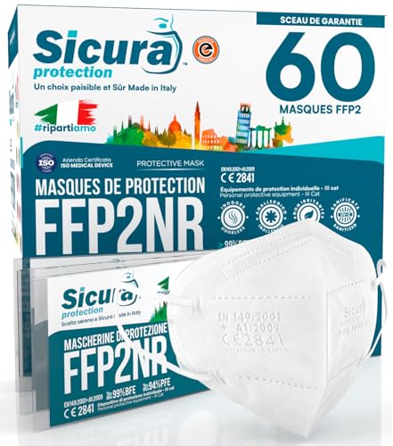 60 masques FFP2 blanc certifié CE Fabriqué en Italie Sicura BFE ≥99% SANITIZÉ et scellé individuellement EN 149:2001+A1:2009