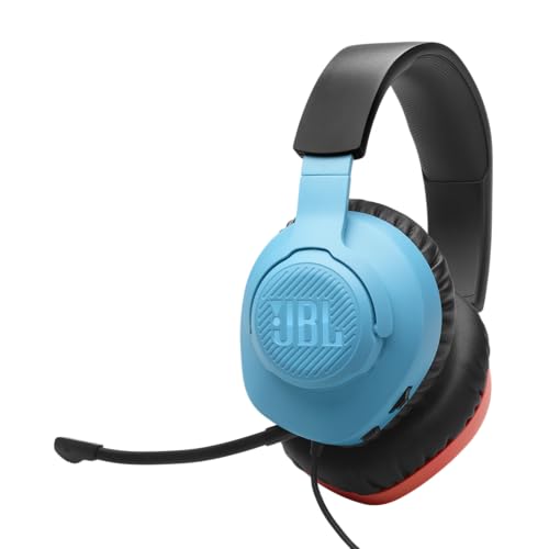 JBL Quantum 100N, casque gaming circum-auriculaire filaire, micro amovible, QuantumSURROUND Signature, comfortable, compatibilité multiplateformes et Windows Sonic Spatial Sound, rouge et bleu
