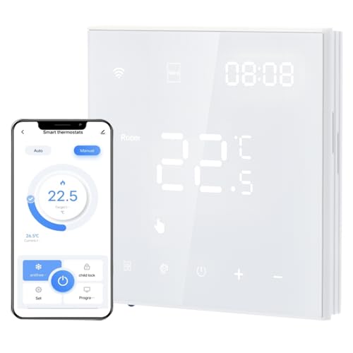 Irishom Thermostat Connecté WiFi Chauffage de l'eau Thermostats d'Ambiance Programmable Régulateur de Température Mural avec LCD Numérique Compatible Tuya 3A,Blanc