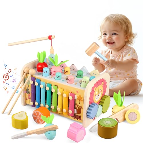 Jouet Bebe Montessori 1 an, 9 en 1 Jeux en Bois Jouet Educatif Enfant 12 Mois 1 2 3 Ans avec Xylophone,Jeu Pêche, Jeu Marteau, Jouet d'activité Cadeau Anniversaire Noël Baby Fille Garcon