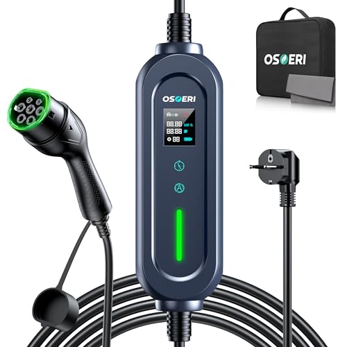 Osoeri EV Chargeur Type 2, 3.68KW Portable Chargeur Voiture Électrique 6/8/10/13/16A Courant Commutable avec LCD, 7.7M Charge Temporisée, IP66 Étanche Cable Recharge EV avec Sac
